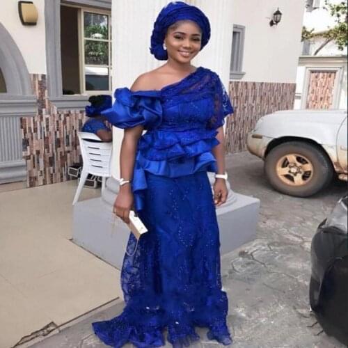 Prom Dresses 2021 Peplum Ruched Tiered Sequins Lace Evening Dress African Women Wear Plus Size Party Gowns