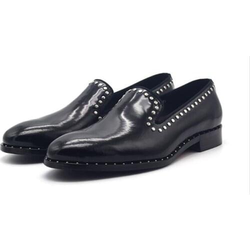 New fashion black shoes for men slip on loafers rivet square toe dress shoes Shiny genuine leather men shoes