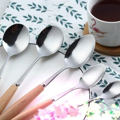 Japanese and Korean Creative stainless steel knife fork spoon wooden handle stainless steel tableware Beech household adult