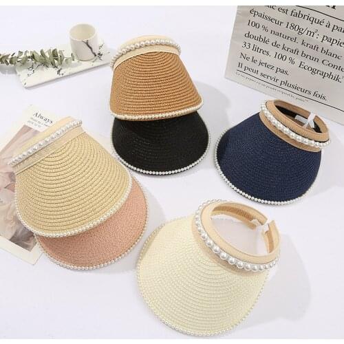 Pearl Sun Protection Korean Version Women Summer Empty Top Hat Fashion New Shading Wide Brim Sun Visor Hat Beach Cap