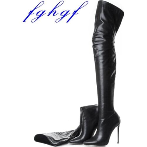 Fghgf 2018 12CM Women Over-the-Knee Boots Fashion Pointed Toe Thin High Heels Boots Black Shoes Woman US Size 5-10.5