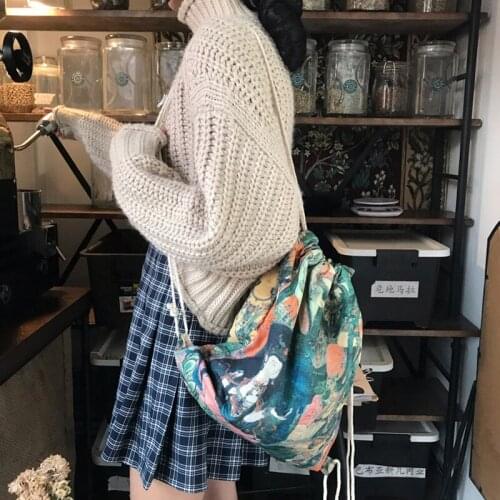 Female Canvas Backpack New Design Printed College Style Canvas Bag Casual Travel Drawstring Shopper Backpack