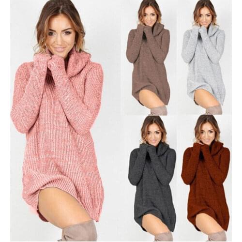 Fashion Autumn Spring Winter Women Casual Turtleneck Pullover Long Knitted Oversize Long Sleeve Thin Sweaters Dresses