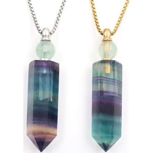 1PC Natural Hexagon Prism Perfume Bottle Pendant Gems Stone Diffuser Color Fluorite Essential Oils For Necklace For Women