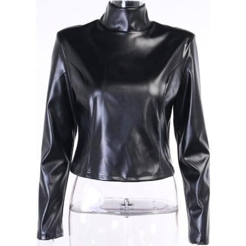 2020 Cool sexy slim fit turtleneck back button women shoulder pad leather top