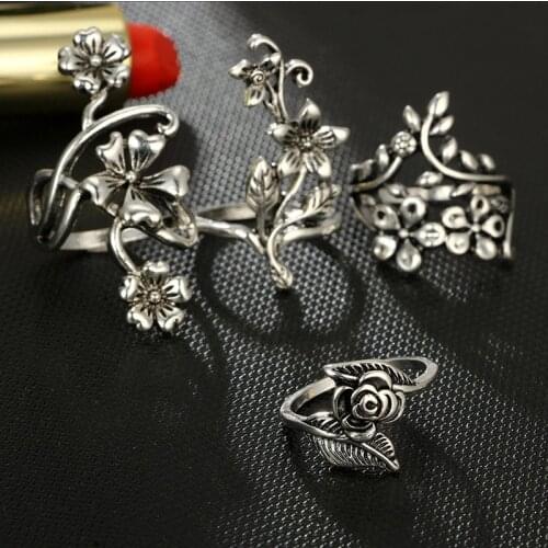 4pcs/set Antique Silver Color Vintage Bohemia Ring Set Rose Flower Rings for Women Charm Bohemia Floral Knuckle Ring