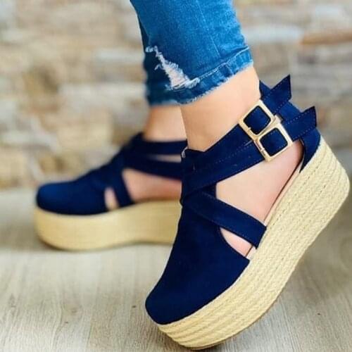Womens Sandals Vintage Wedge Shoes Woman Buckle Strap Straw Thick Bottom Flats Platform Sandals Flock Female Shoes Summer 2021