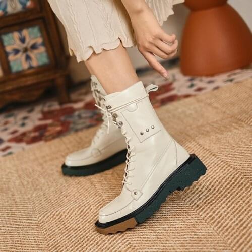 2021 Fashion Winter Women Boots Casual Genuine Leather Lace-up Platform Boots Women Boots With Pocket New Rivet Fall Shoes Women