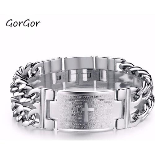 GorGor New Fashion Style Jewelry Classic Creative Exquise Spanish Bible Main Prayer Cross Titanium Steel Men Bracelet 620