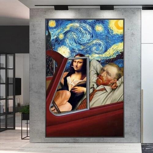Van Gogh and Mona Lisa smoking canvas paintings and posters, funny abstract wall art pictures, for home living room decoration