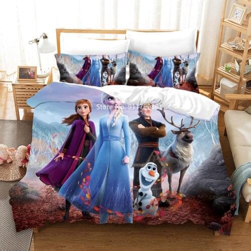 Frozen Disney Pattern Bedding Set Elsa Olaf Leaves Blue Duvet Cover and Pillowcase Bedroom Decoration for Girls and Children