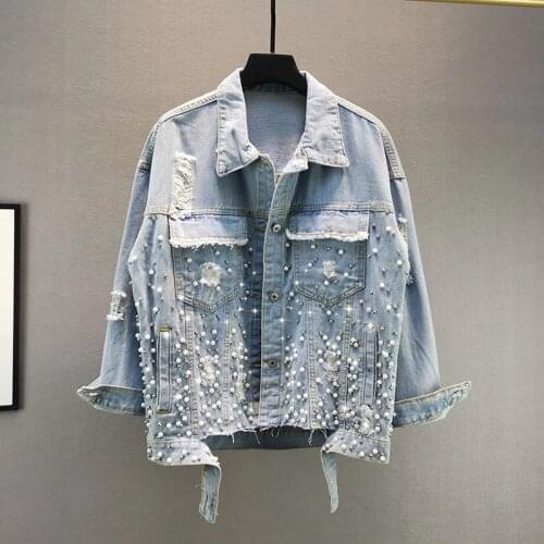 Beaded Denim Jacket Womens Trendy Spring Large Size Coats Long-sleeved Top Jackets Female Bombers jeans ladies