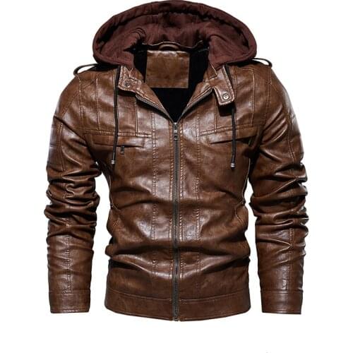 Mens Winter Fleece Leather Jacket Motorcycle Removable Hood Outwear Coat Men Warm Leather Jackets Male Plus Size 5XL