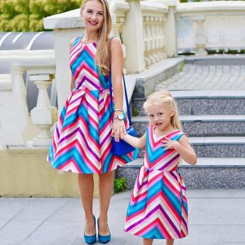 2021 European and American New Wave Color Stripe Stitching Parent-Child Mother and Daughter Dress