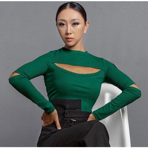 Latin Dance Clothes Women Sexy Tops Hollow Nesk Sleeve Samba Cha Cha Rumba Salsa Dancewear Ballroom Dancing Shirt Black DNV14292