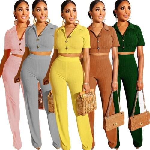 Adogirl Single-breasted Knit Pit 2 Piece Set Short-sleeve Solid Color T-shirt Top + Loose Tight Waist Casual Pants Tracksuit