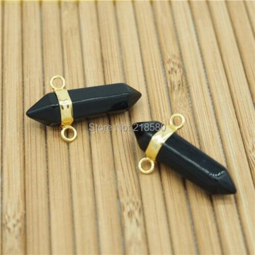 P15052104 Onyx Black Agates Double Terminated Pendant Connector Gold Electroplated Bail-- Pencil Point Pendant
