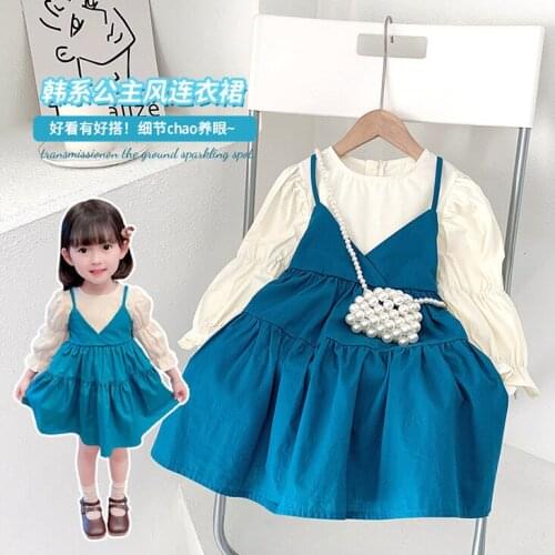 Girls Dress 2021 Autumn New Female Baby Korean Version Fake Two-Piece Bow Tie Princess Dress Girl Costume