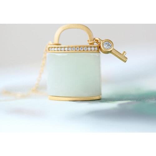 S925 Sterling Silver Gold Plated Natural Hetian Jade Safety Lock Square Plate Pendant Womens Fashion All-Match Niche Clavicle