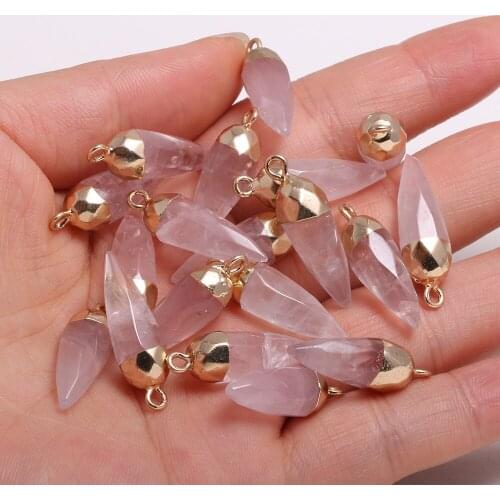 Natural Stone Pendants Cone Shape Reiki Heal Gold plate Pink Crystal for Jewelry Making DIY Necklace Earrings Accessories