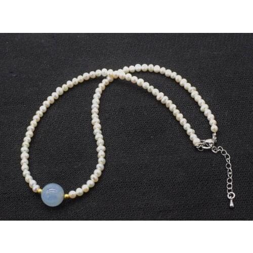 Freshwater pearl white near round 4-5mm and blue aquamarine carved round necklace 16.5inch nature handmake wholesale FPPJ