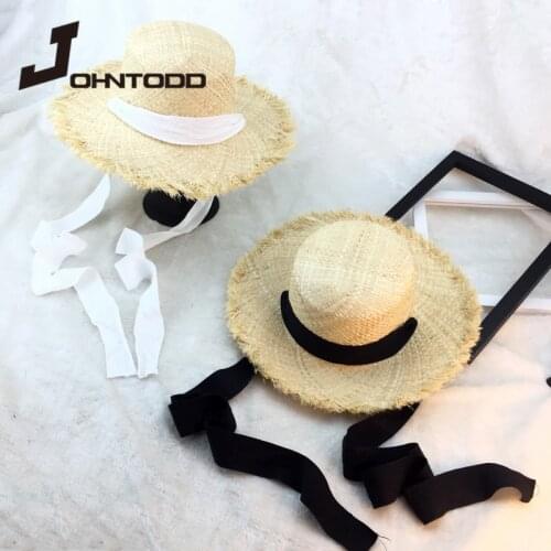 2021 Fashion Black White Ribbon Woman Sun Hat Summer Beach Hats Outside Women Raffia UV Hats Chapeu Feminino