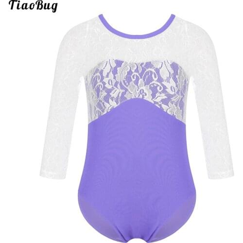 TiaoBug Kids Girls Dance Gymnastics Bodysuit Training Yoga Ballet Comfortable Lace Round Neck Jumpsuit