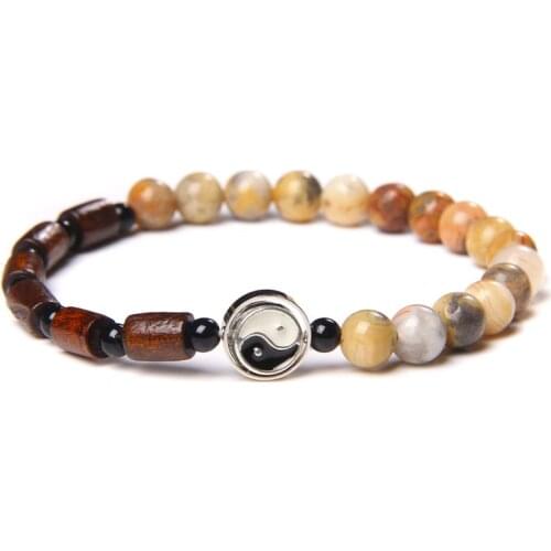 Tube Red Wood Charm Bracelets Men Natural 6 mm Crazy Agat Stone Beads Bangle Yin Yang Pendant Jewelry Women Handmade Pulsera