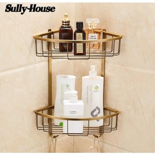 Sully House Antique Brass bathroom corner basket shelf,Dual Tier Shelves with 2 Robe Hook,Wall Mounted Shampoo Cosmetic Rack