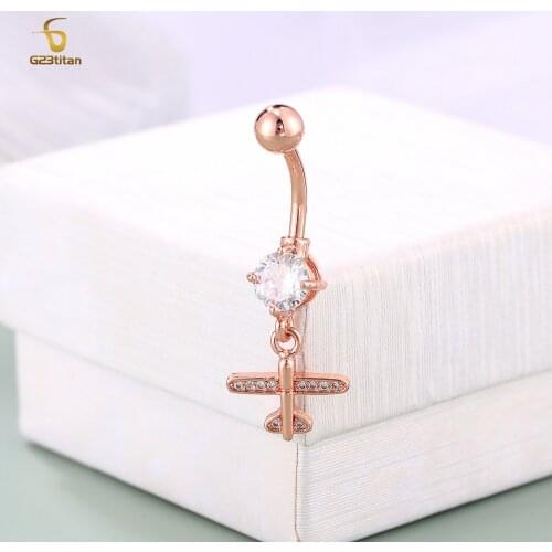 G23titan Airplane Crystal Pendant Navel Piercing Steel Ball Button Rings Beach Belly Piercing Body Chain Jewelry for Women