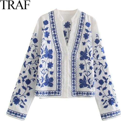 TRAF Women Shirt Za Fashion Floral Embroidery Loose Blouses Vintage Long Sleeve V-neck Button-up Female Shirts Blusas Chic Tops