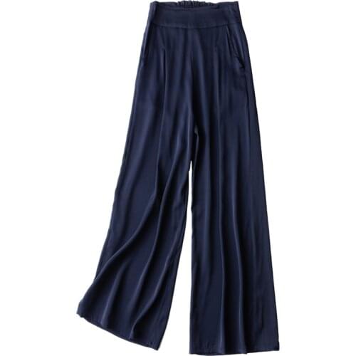 2020 New Women Summer Autumn Natural Silk Pants Silk Loose Style Trousers Work Wear Holiday wide leg Black Silk Pants