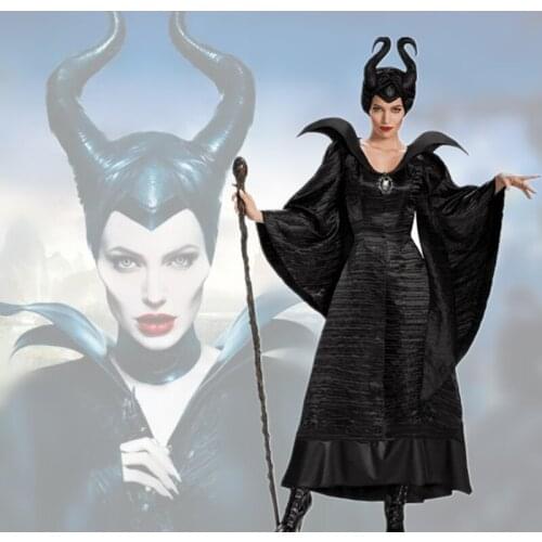 Halloween Adult Ladies Movie Maleficent Luxury Black Long Dress Evil Witch Cosplay Robe Costume with Horns Horn Headdress