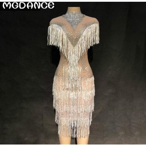 Women Sexy rhinestones Mesh See Through Tassel Dress Sleeveless Sparkling Crystals Nightclub Birthday Party Singer Dance Dresses