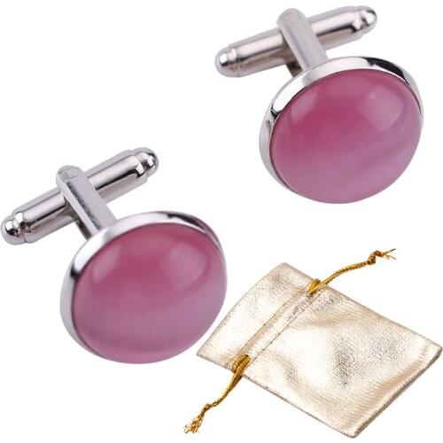 2pcs Metal Silver clasp with pink tigers eye stone Cufflinks Mens Shirts Cufflinks Groom Wedding Business Shirt