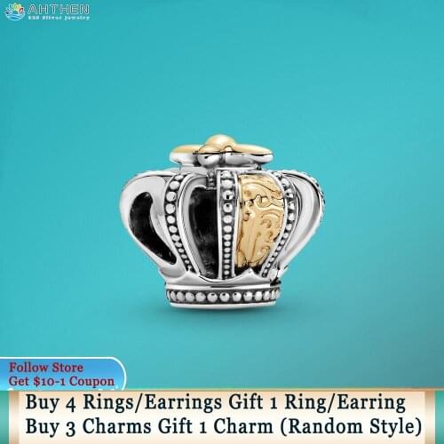 Ahthen 925 Sterling Silver Two-tone Regal Crown Charm fit Original Pandora Bracelets for Women DIY Jewelry