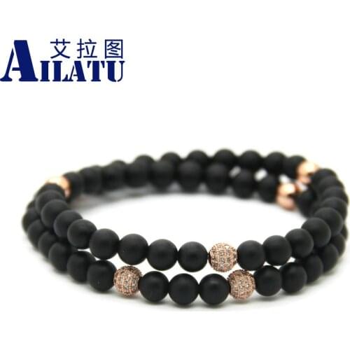 Ailatu 6mm Frosted Stone Beads with Micro Pave CZ Ball Two Circles Elastic Bracelet Fashion Jewelry