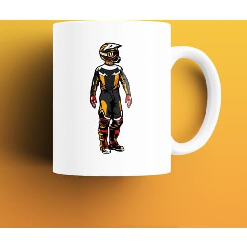 Biker Patterned, Printed White Mug Cup, Porcelain Raw Material, Handle, Gift Product, quality Mug and Printing