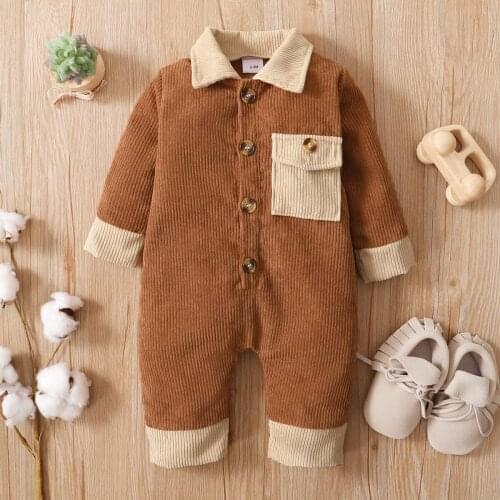 PatPat Corduroy Lapel Collar Button Front Long-Sleeve Baby Jumpsuit