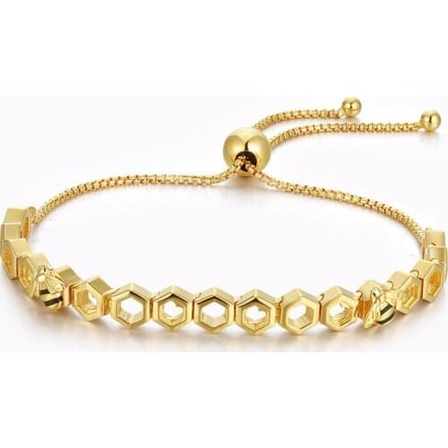 Girl for Friend Fashion Design Honeybee Sliding Adjustable Chain 925 Sterling Silver Jewelry Golden Shine Women Bracelets