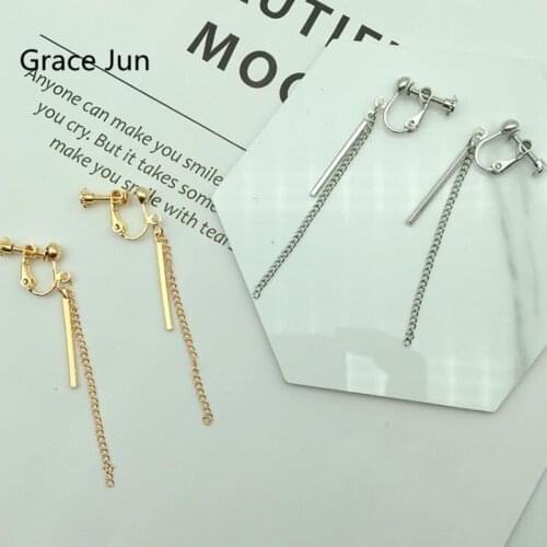 Grace Jun Long Chain Geometric Bar Shape Clip on Earrings and Drop Pierced Earrings for Girls' Fashion Simple Earrings Wholesale