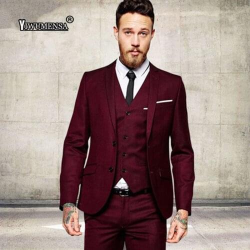 Wine Red Mens Suits For Wedding Burgundy Slim Fit Single Breasted Blazer&Vest&Pants Groom Prom Tuxedo 3 Piece Set Clothing 2021