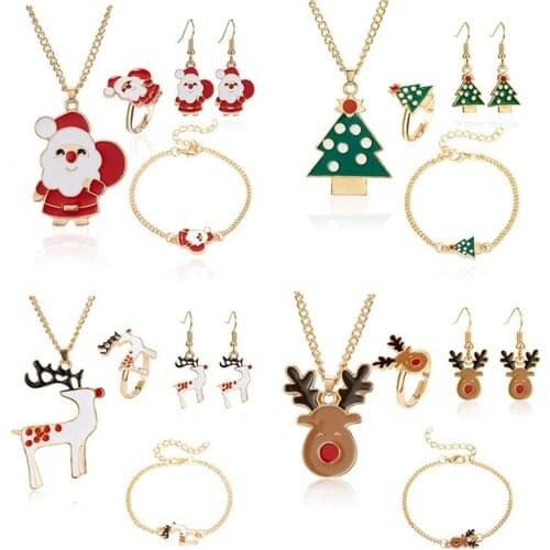 5PCS/Set Christmas Women Alloy Jewelry Set Santa Elk Bell Earrings Necklace Bracelet Decor Xmas Accessories Gift for Girl Women
