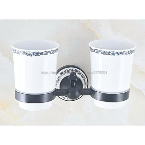 Bathroom Black Oil Rubbed Brass Toothbrush Holder Brass Base Dual Ceramics Cups Wall Mounted Nba761