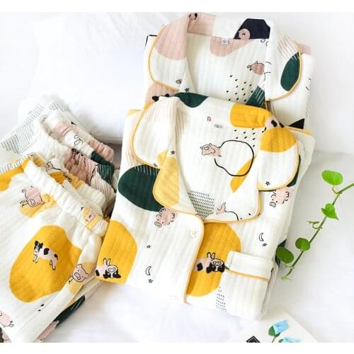 Sweet Lovely Cartoon Print Winter Pajamas Set Women Three layers Cotton Thick Warm Home Suit Female Knitted Sleepwear Homewear