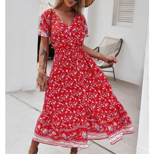 Boho Printing Butterfly Sleeve Summer Dress 2021 New Casual V-neck Button Midi Dresses For Women Holiday Vintage Dress Vestidos