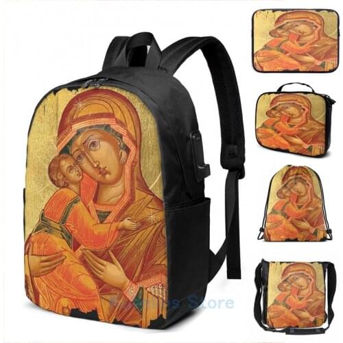 Funny Graphic print Holy Virgin Mary with Jesus child Jesus Christ Icon 06 USB Charge Backpack men School Travel laptop bag