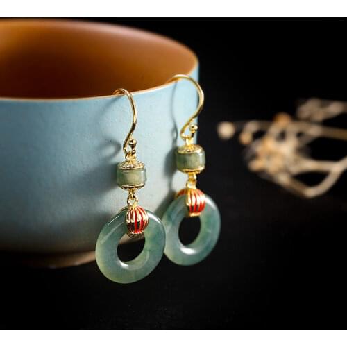 Natural ice jade ring earrings Chinese style retro national style light luxury noble elegant charm womens anniversary gift