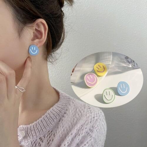 Korean Version of Simple Asymmetrical Round Smiley Face Candy Color Macaron Earrings Cute Girl Personality Earrings 2021 New