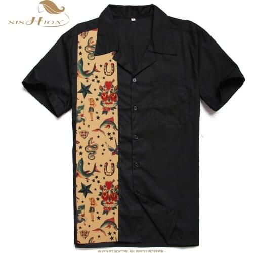 SISHION Rockabilly Patchwork Men Shirt Short Sleeve Vintage Men Clothing ST110 Black Cotton camisa hombre dress shirt